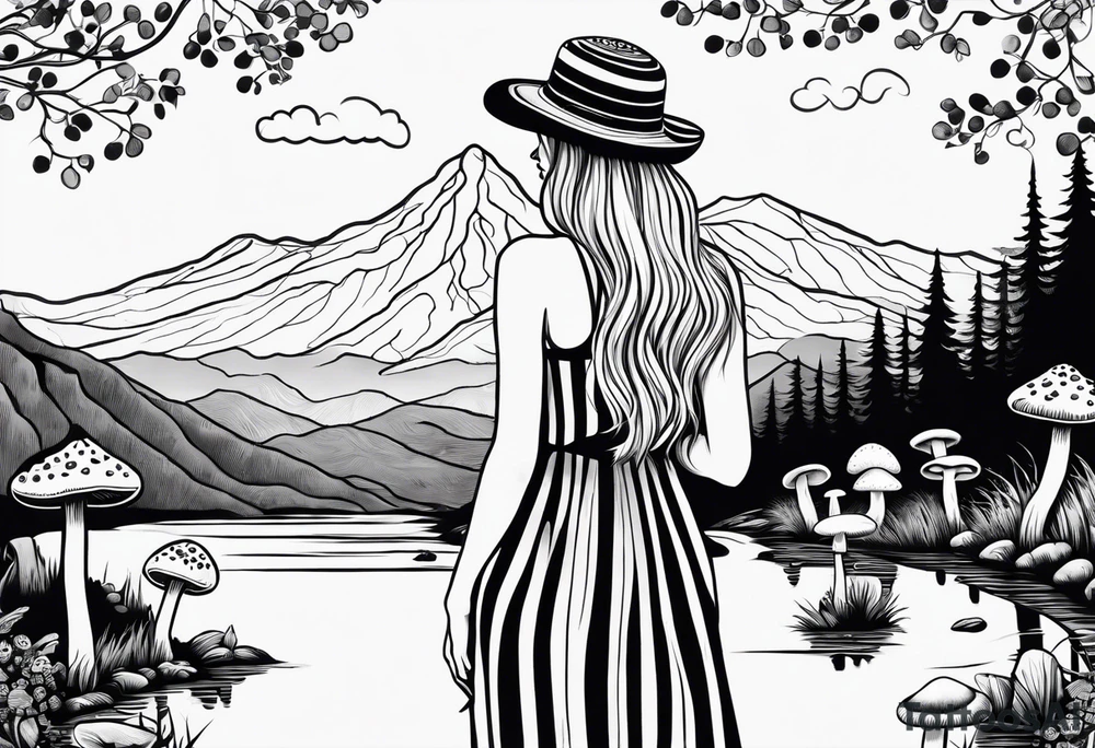 Straight long blonde hair hippie girl in distance holding mushrooms in hand facing away toward mountains and creek surrounded by mushrooms black and white striped dress tattoo idea
