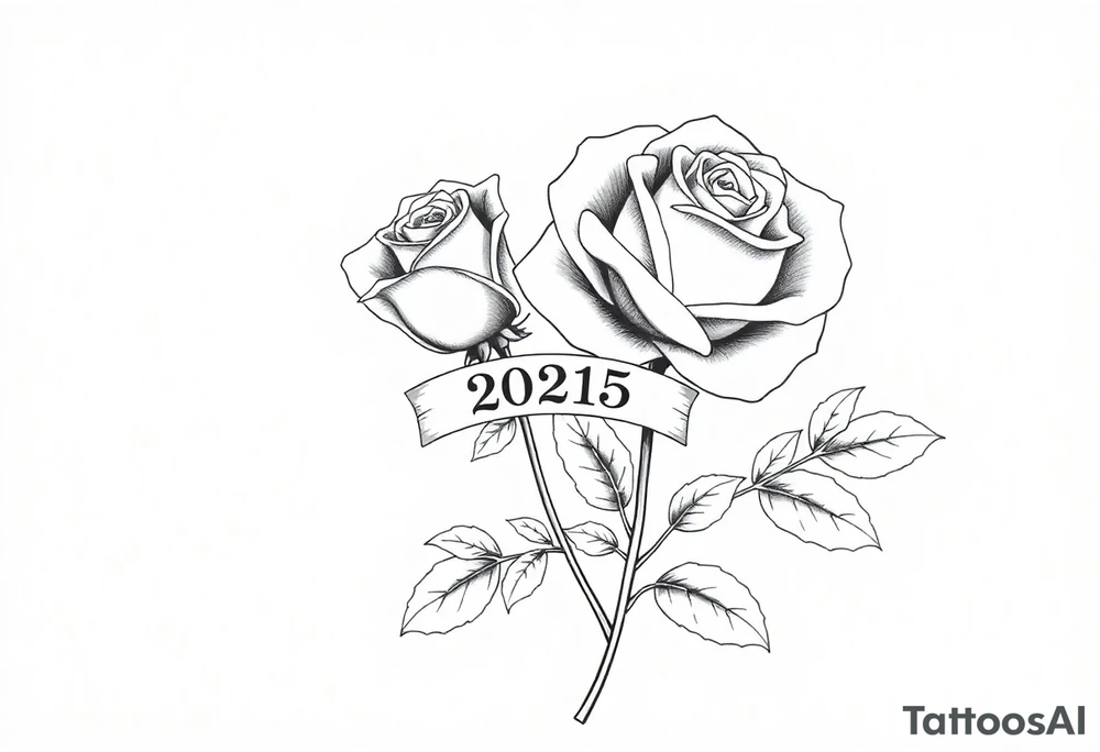 two beautiful large rose buds, one larger than the other, with many leaves and their stems intertwined, with one sitting higher than the other. Include a banner connecting the two roses with "2025" on it.  The word "Rose" written in Kanji above the drawing.  Use dark outlines with little shading. The two stems should be short, not long, and connect and join into one stem, whimsically curved or twisted - not straight down. tattoo idea