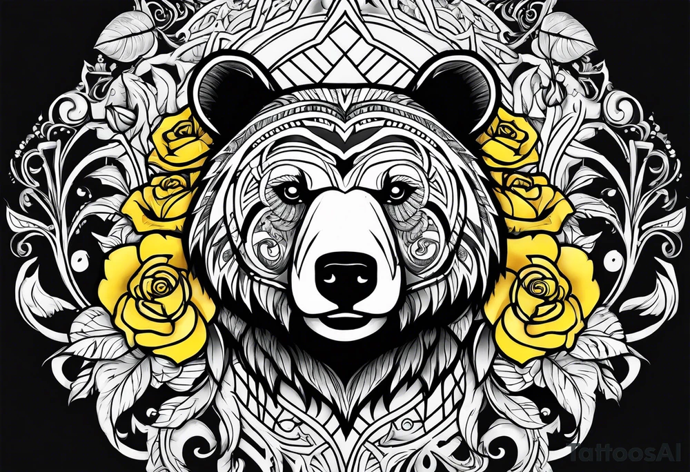 A tribal bear above a butterfly and yellow rose tattoo idea