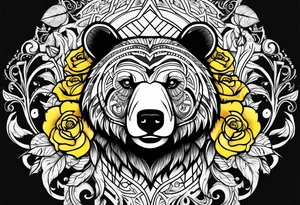 A tribal bear above a butterfly and yellow rose tattoo idea