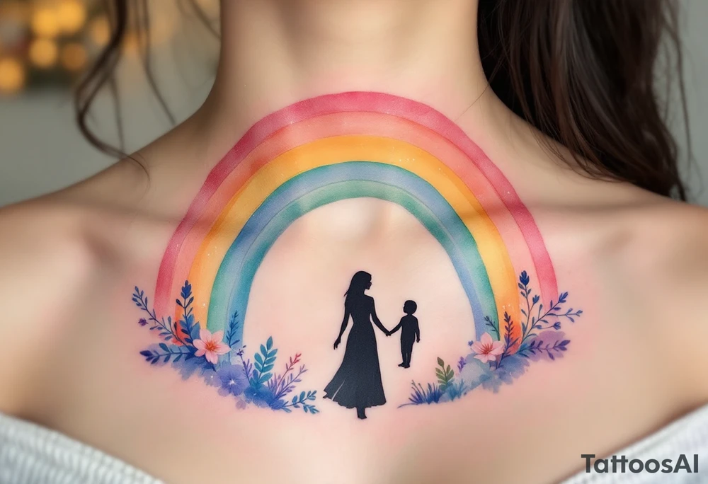A rainbow in soft pastels arching over a mother and child silhouette signifies hope and healing after loss. tattoo idea