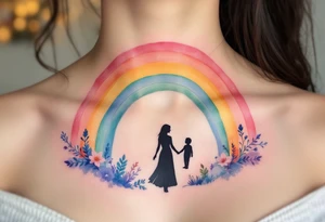 A rainbow in soft pastels arching over a mother and child silhouette signifies hope and healing after loss. tattoo idea