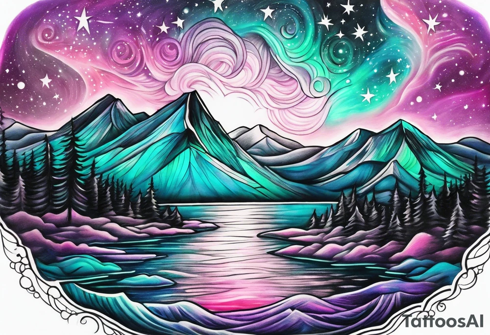 Pink purple teal green northern lights and stars tattoo idea