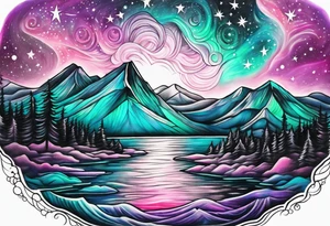 Pink purple teal green northern lights and stars tattoo idea