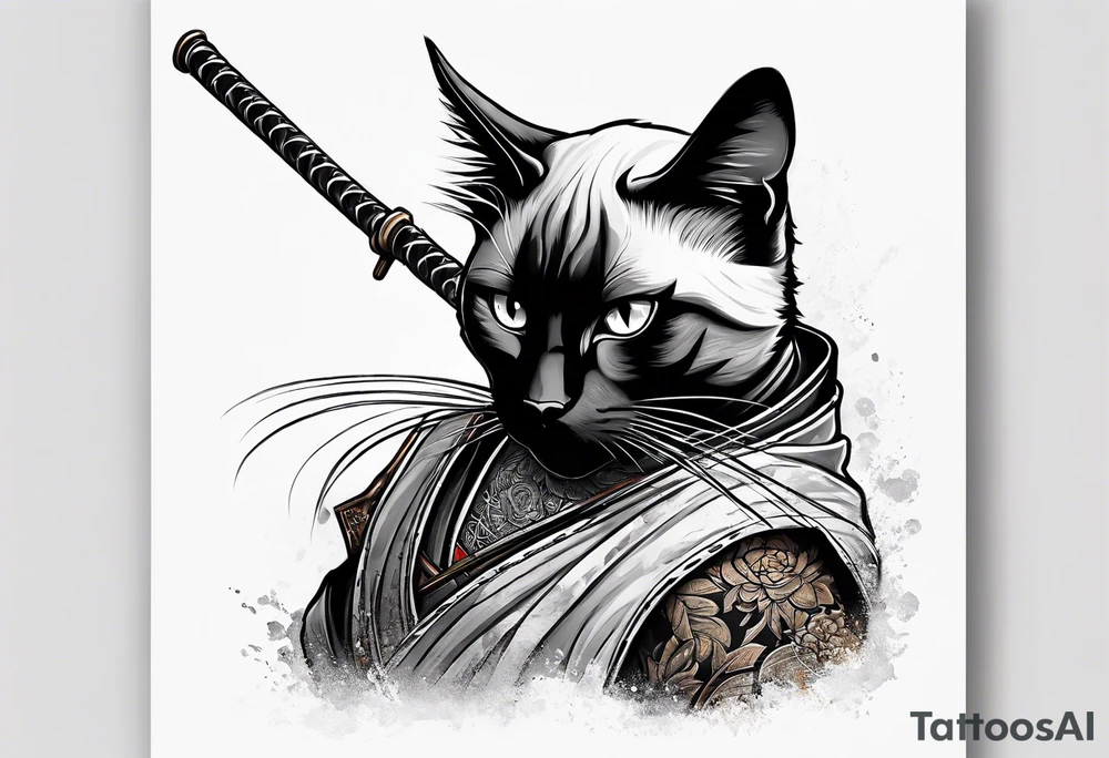 Siamese samurai cat holding a rusty katana tattoo idea
