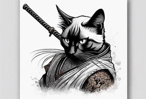 Siamese samurai cat holding a rusty katana tattoo idea
