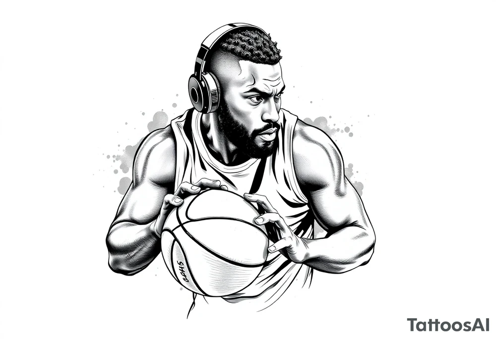 A guy dribbling a basketball with headphones on tattoo idea