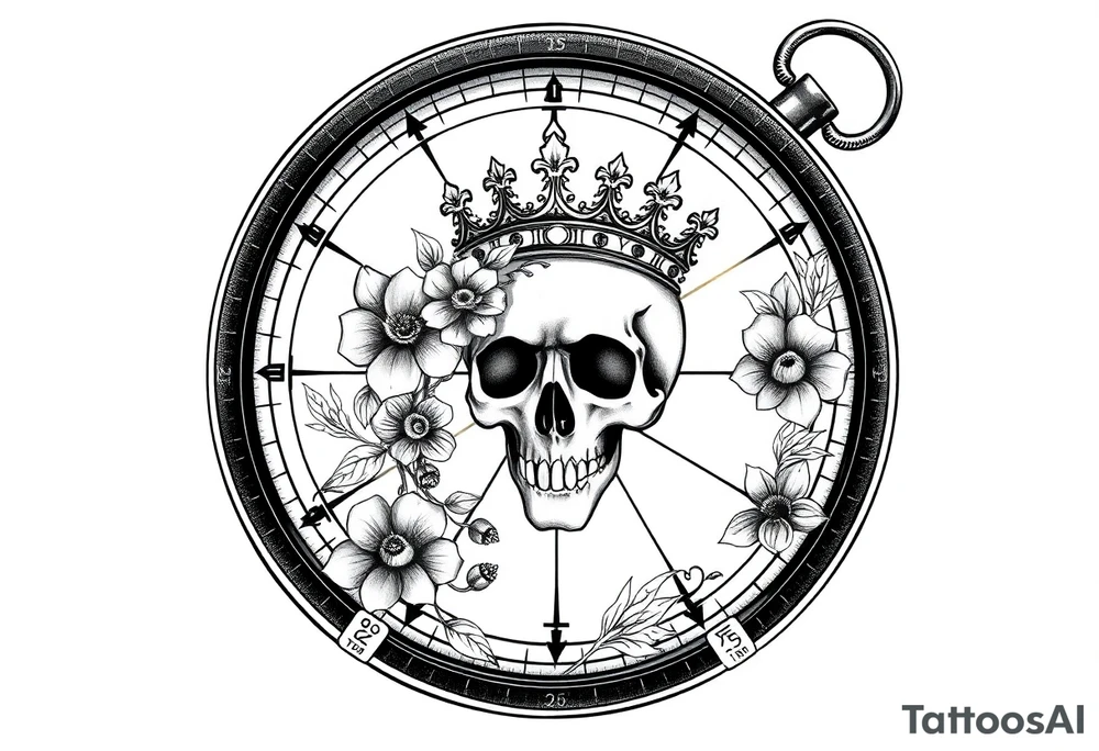 Compass with detailed beautiful gothic boho flowers on vine and skull with gorgeous crown tattoo idea