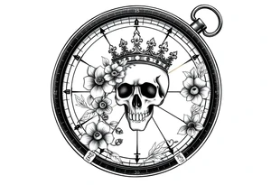 Compass with detailed beautiful gothic boho flowers on vine and skull with gorgeous crown tattoo idea