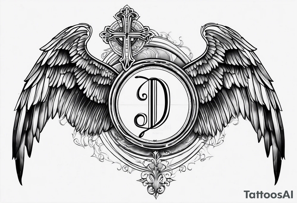 angel wings tattoo with a cross and the letters DJ in it tattoo idea