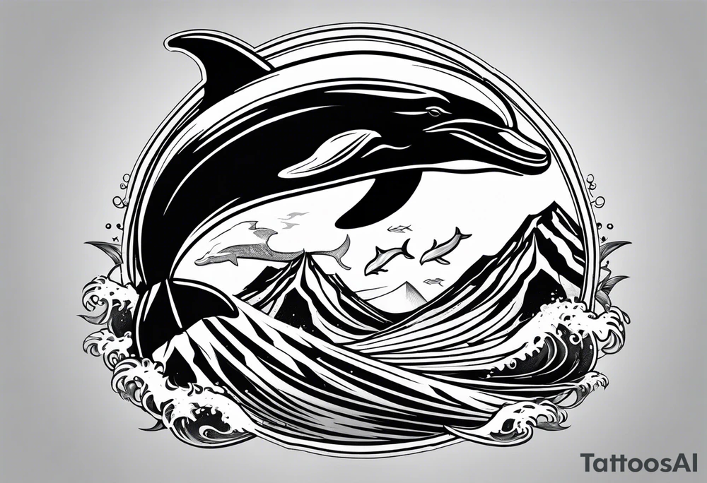 Mountains and dolphin in 
ocean waves crashing diamond shape tattoo idea