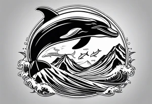 Mountains and dolphin in 
ocean waves crashing diamond shape tattoo idea