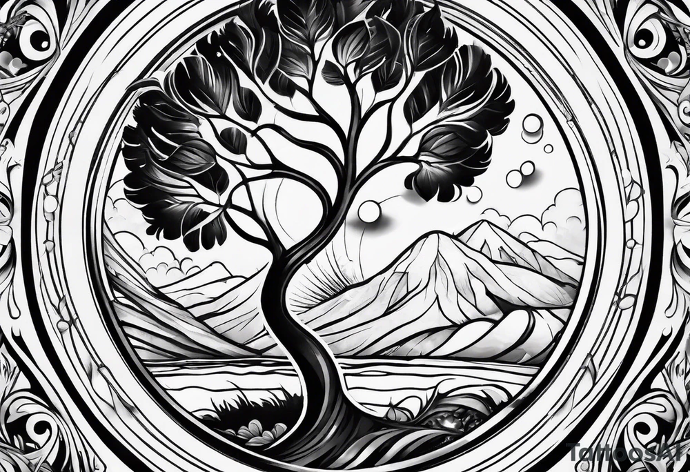 tattoo drawing of a feather with a circle of life tree inside tattoo idea