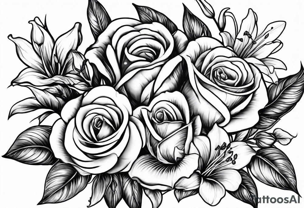 Rose, lily, gladioli, cherry blossom, forget me nots tattoo idea