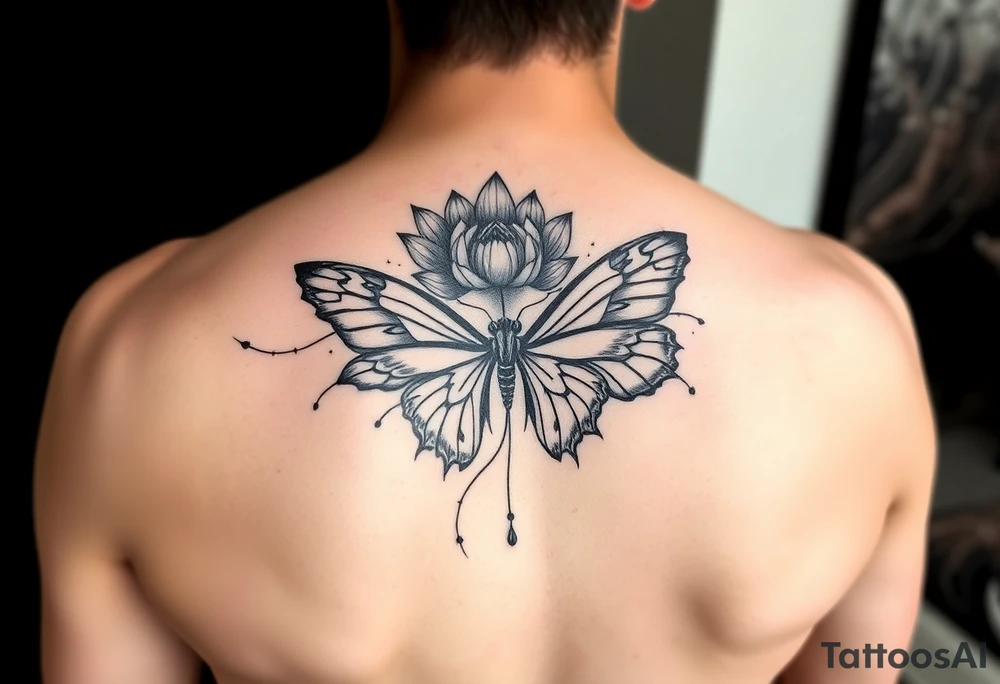 Elegant spine tattoo with lotus flower and butterfly with cracked wings mid back down tattoo idea