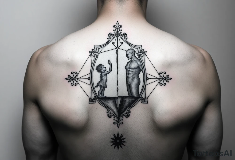 Abstract geometric mirror tattoo design, broken/cracked ornate mirror frame, dual reflection showing silhouette of small child reaching upward on one side and strong adult figure on opposite side, black and grey, geometric fragments, sacred geometry elements, upper arm placement, vertical composition, minimalist line work with detailed shading, emotional duality theme tattoo idea