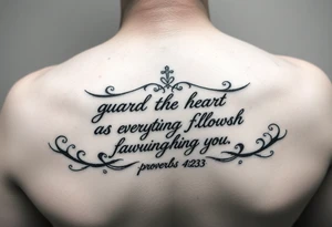 I want a tattoo with the Bible verse proverbs 4:23. The verse says “guard your heart as everything flows through it tattoo idea