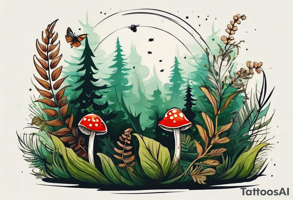 forest floor inspired minimalist tattoo, which includes grass, curly ferns, moss and dead leaves as the bulk of the tattoo. details to include: forest berries, a tiny bumblebee flying nearby, three small brown mushrooms
Generate a vertically long one tattoo idea