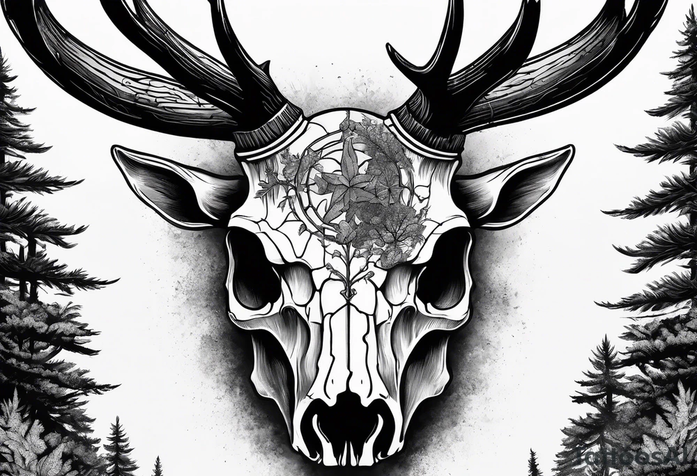scary side view of a DECAYING deer skull JUST BONE surrounded by a forest fire in background tattoo idea
