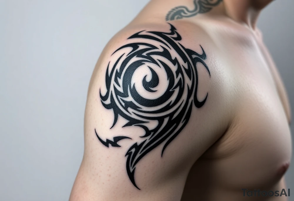 Big dark tribal spiraling down the arm to the elbow with lightning coming off the ends tattoo idea