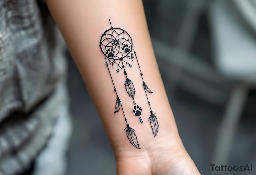 A dreamcatcher with wolf paw prints subtly incorporated into the web, representing the wolf's path and journey. The feathers dangle with small, delicate beads at the end. Black and white for the paw prints and dreamcatcher, light grey for the feathers, and accents of turquoise for the beads. tattoo idea
