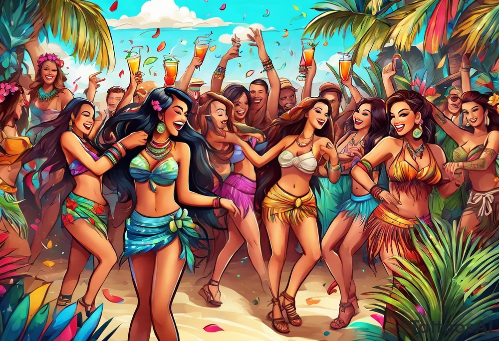 TIKI beach  dance party scene with tropical drinks, sexy girls dancing, music notes, confetti tattoo idea