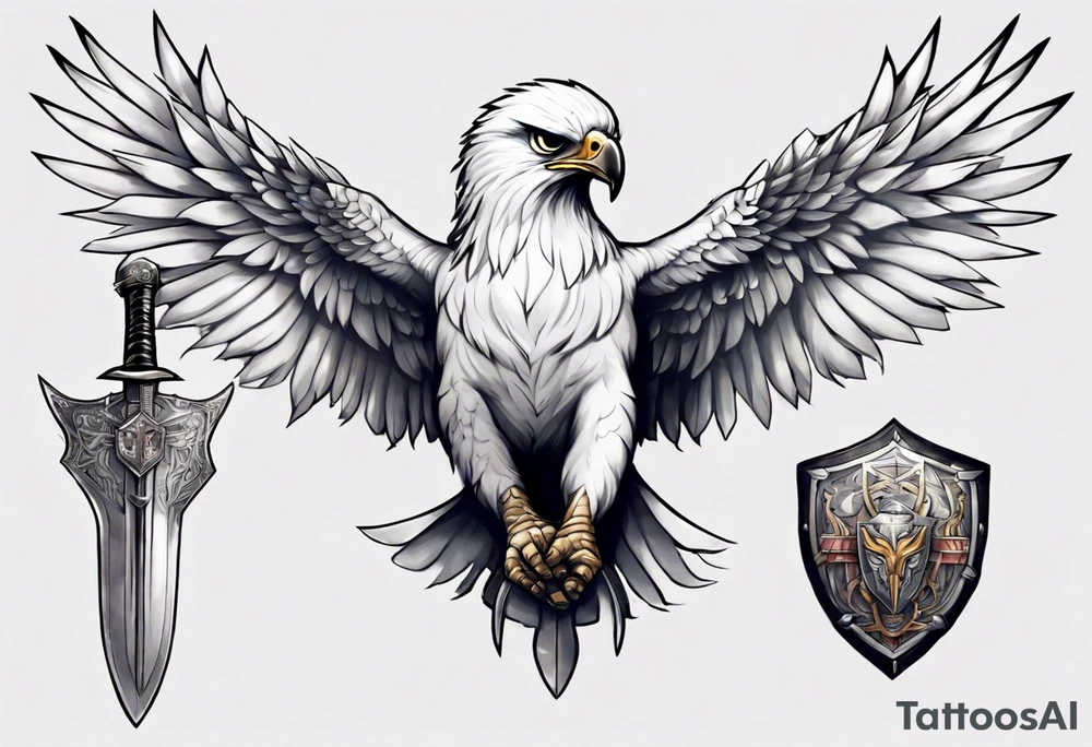 A white hawk with a sword and shield tattoo idea
