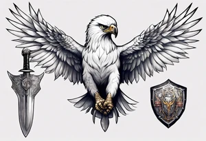 A white hawk with a sword and shield tattoo idea