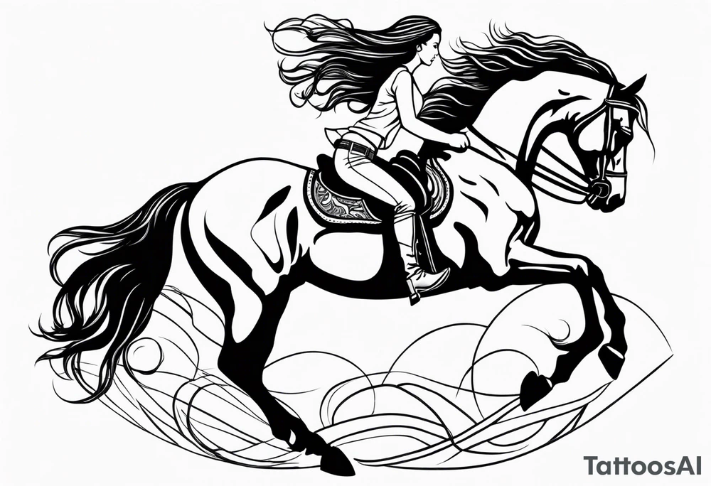 cowgirl with long hair on the back of stallion that is rearing up on hind legs tattoo idea