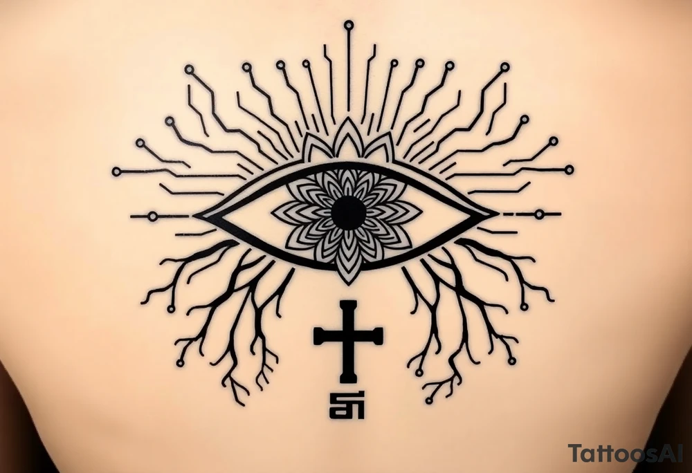 Central Element: A large, stylized eye is the focal point.

The iris of the eye is filled with a mandala pattern, symbolizing depth, balance, and inner awareness.

The lines are fine and clean, forming symmetrical layers and floral-like geometry within the mandala.

Upper Design: From the top of the eye extend circuit-like branches, mimicking electronic pathways.

These lines rise vertically and diagonally in symmetrical fashion, ending in rounded circuit nodes, representing intelligence, logic, and the digital mind.

Lower Design: From the bottom of the eye extend natural tree roots.

These branches flow organically and curve outward, grounding the symbol with themes of nature, growth, and spiritual connection.

Text Element: Below the tree roots is the word "σοφία" in Ancient Greek, meaning wisdom.

The font is clean and classical, giving it a timeless, philosophical presence.

Religious Symbol: Directly below the Greek word is a simple, black cross.

The cross is thin, minimal, and vertically aligned with the center of the eye, representing faith, spirituality, or divine guidance.

Placement: back tattoo idea