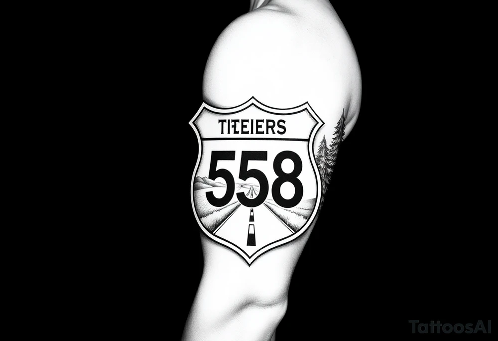 Arm sleeve State Route sign 558, with trees all around and farm in background, road w/ view tattoo idea