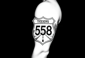 Arm sleeve State Route sign 558, with trees all around and farm in background, road w/ view tattoo idea