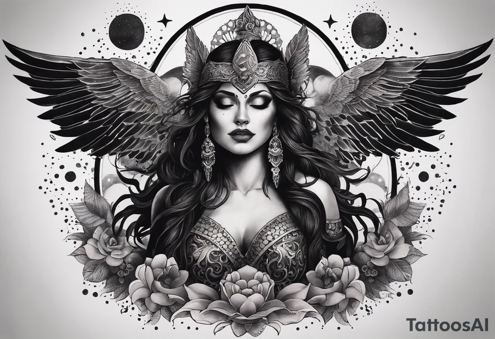 black kali, goddess pirate, alien, angel, pachamama, valkrye, warrior, flying, skull, lotus azul, wing, eagle, zenza resonance, stars, 5D, anahata chakra, death, durga, riding on a tiger, flying lady, chest tatoo tattoo idea