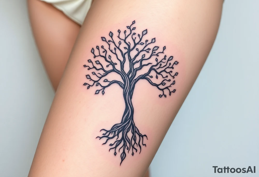 mystical tree of life with cosmic roots and celestial branches tattoo idea