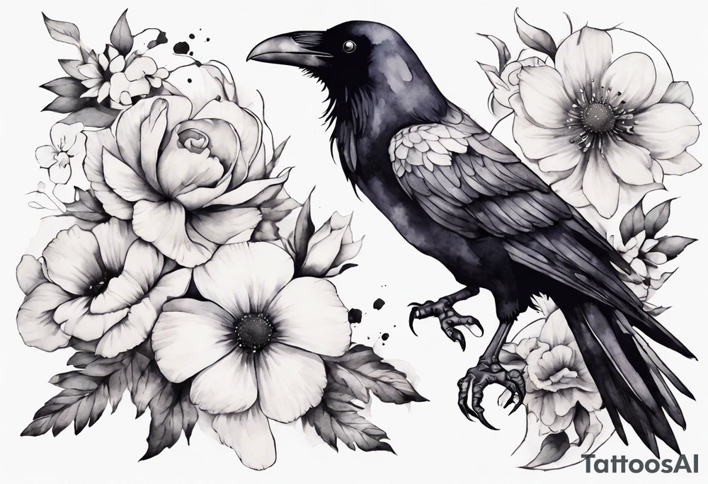 a raven with a white flower cap tattoo idea