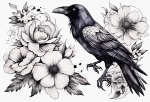 a raven with a white flower cap tattoo idea