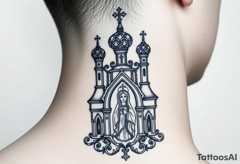 medium traditional russian orthodox church with russian coat arms and virgin mary tattoo idea