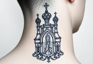 medium traditional russian orthodox church with russian coat arms and virgin mary tattoo idea