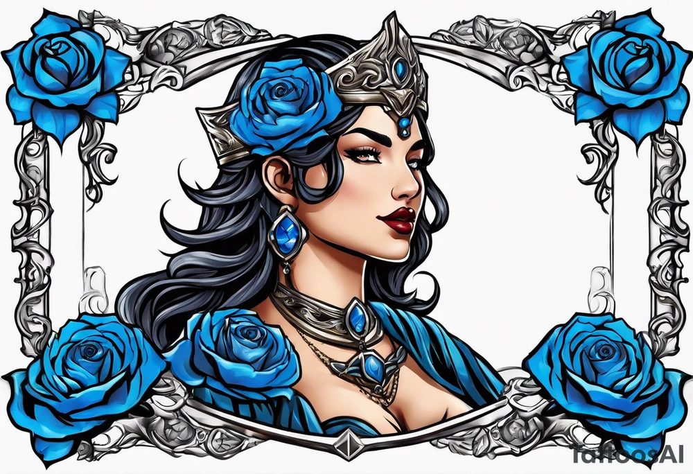 Justicia Goddess Tattoo  frame blue roses, With scales and a sword, blindfolded. tattoo idea