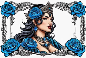 Justicia Goddess Tattoo  frame blue roses, With scales and a sword, blindfolded. tattoo idea