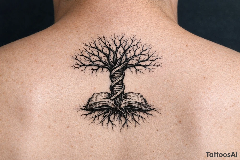 tree of life with a dna spiral for the trunk, bare branches spreading out to represent speciation/evolution, and roots sprouting out of open books to represent knowledge tattoo idea