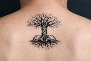 tree of life with a dna spiral for the trunk, bare branches spreading out to represent speciation/evolution, and roots sprouting out of open books to represent knowledge tattoo idea