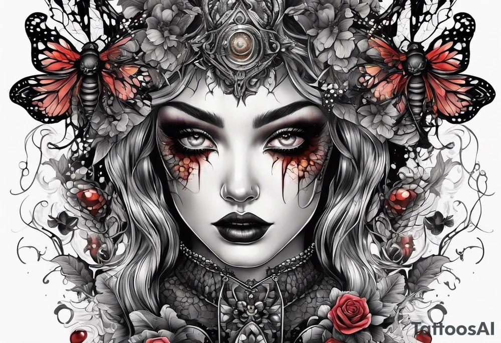 Surrealistic Gothic elements with beauty girl face with horror eyes. Realistic insects in Horror style tattoo idea