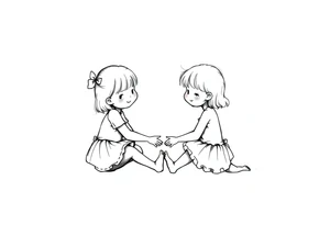 Zwei grinsende kleine mädchen sitzen sich gegenüber eine hat einen Dutt die andere einen Zopf und sie berühren sich an den Fußsohlen seitenansicht tattoo idea