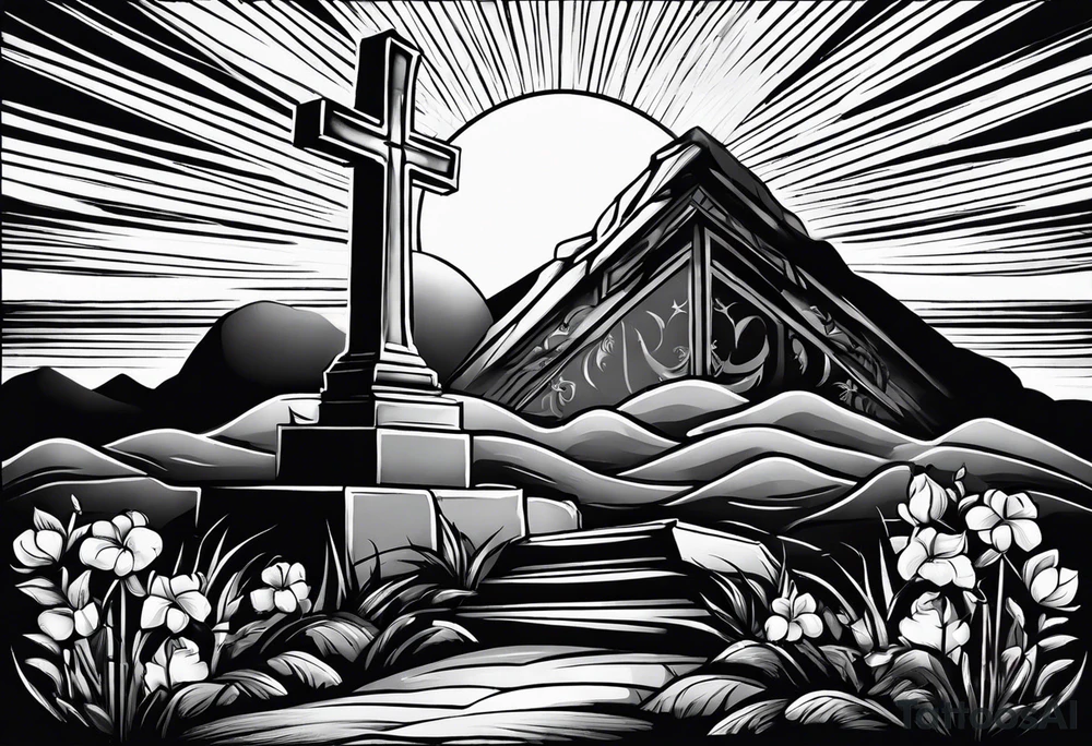 Tomb with cross and sun in the background tattoo idea