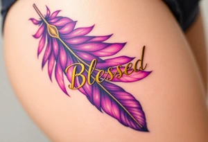 A radiant amethyst purple and gold feather, infused with soft glowing energy, featuring the word "Blessed", symbolizing gratitude for love tattoo idea