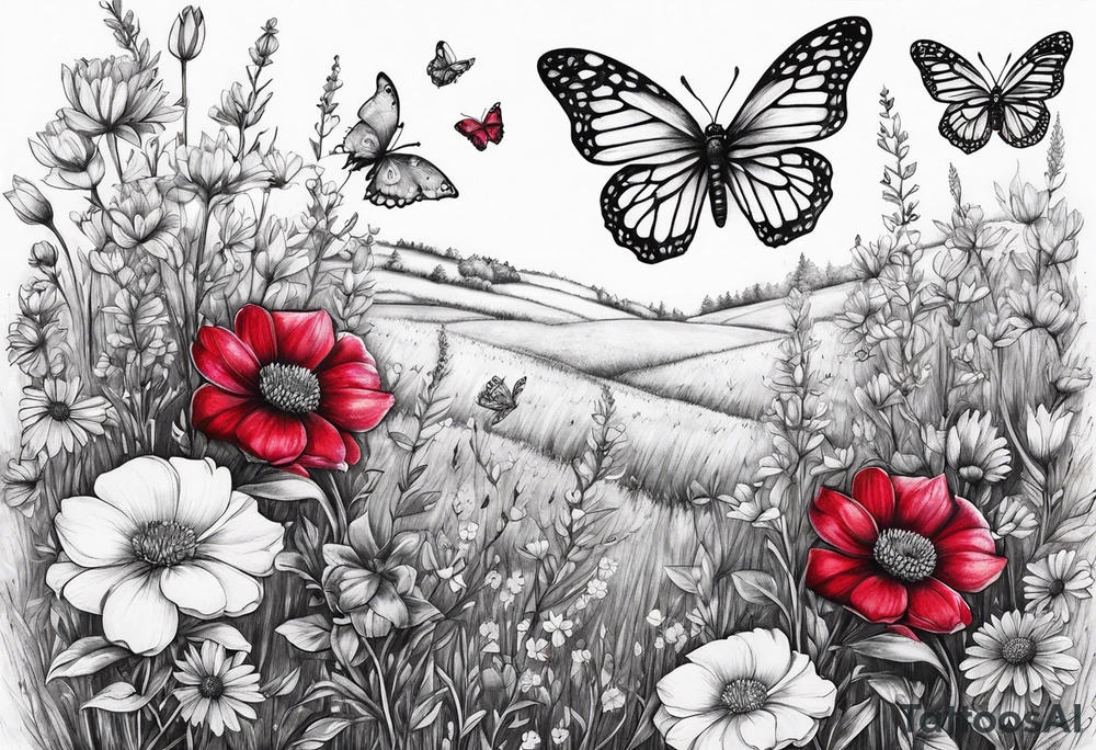 Wildflower field with "Ruby" in calligraphy font and butterflies around it tattoo idea