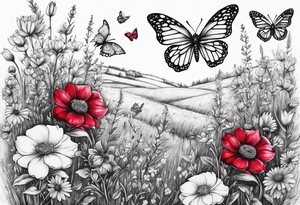 Wildflower field with "Ruby" in calligraphy font and butterflies around it tattoo idea
