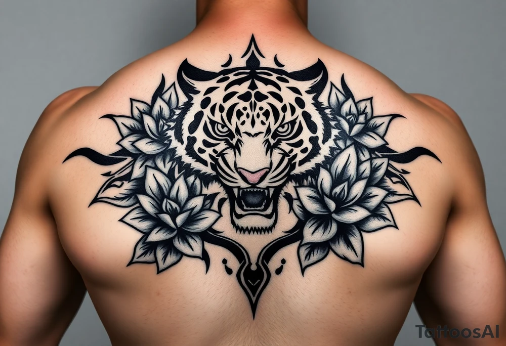 fierce tiger emerging through blooming lotus flowers in mist tattoo idea