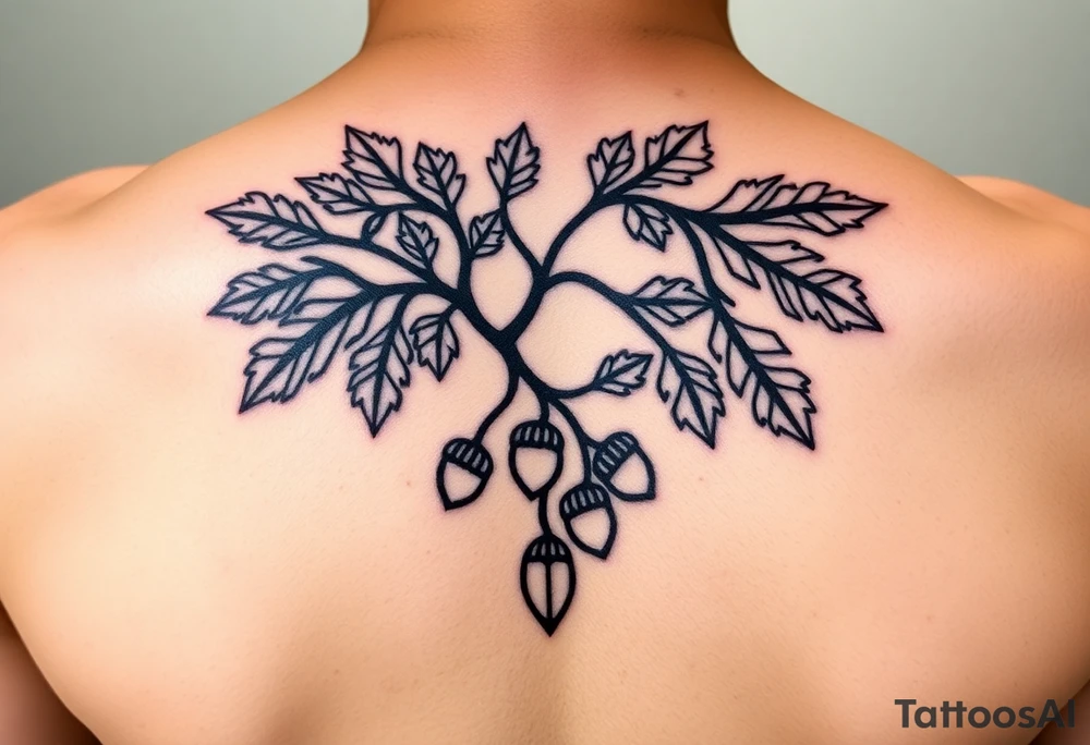 oak branch with thick leaves and acorns tattoo idea